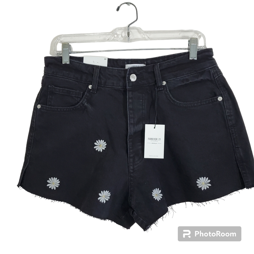 Forever 21 Black Denim Jean Shorts with White Daisy Embroidery